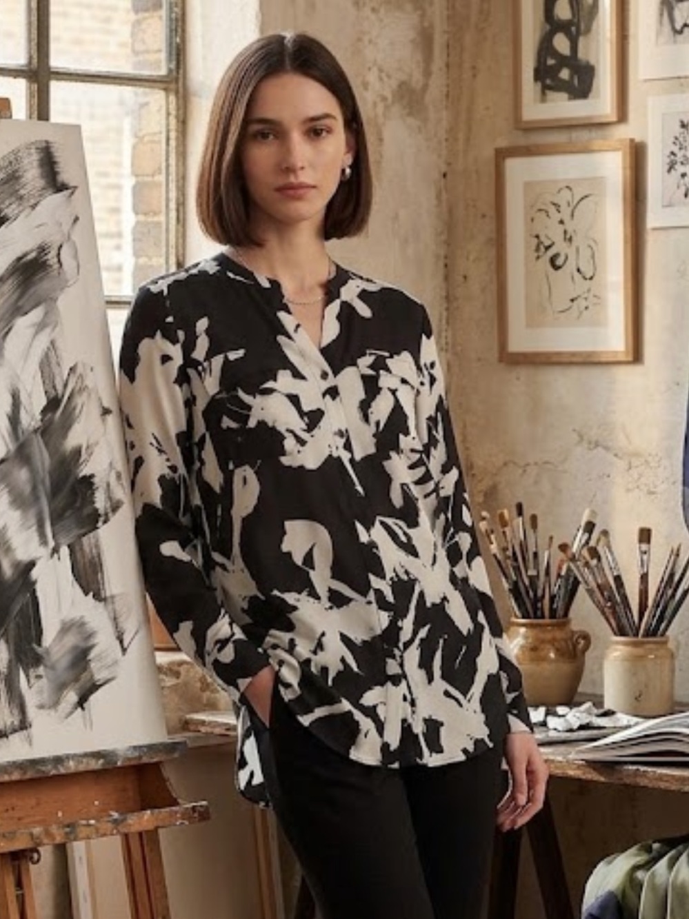 NWOT Vintage Calvin Klein black white pattern blouse